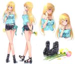  1girl ;) alice_gear_aegis bare_shoulders black_footwear blonde_hair blush closed_mouth criss-cross_halter cutoffs finger_to_mouth flower full_body grin hair_tousle halterneck hand_up holding holding_flower index_finger_raised legs legs_crossed long_hair looking_at_viewer multiple_views no_socks one_eye_closed shirt shoes short_shorts shorts shushing smile standing striped striped_shirt swordsouls teeth 