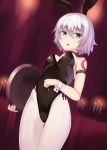  1girl animal_ears bangs bare_shoulders black_leotard breasts bunnysuit eyebrows_visible_through_hair fake_animal_ears fate/apocrypha fate/grand_order fate_(series) green_eyes hair_between_eyes highleg highleg_leotard highres jack_the_ripper_(fate/apocrypha) leotard pantyhose rabbit_ears ruriga shiny shiny_clothes short_hair silver_hair small_breasts solo standing strapless strapless_leotard tattoo thigh_gap white_legwear wrist_cuffs 
