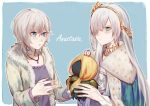  2girls anastasia_(idolmaster) anastasia_nikolaevna_romanova_(fate) aqua_eyes bangs blue_background blue_eyes cape character_name crossover crown csyko doll dress fate/grand_order fate_(series) fur-trimmed_jacket fur_trim hair_between_eyes hair_over_one_eye hairband holding holding_doll idolmaster idolmaster_cinderella_girls jacket jewelry long_hair long_sleeves mini_crown multiple_girls necklace open_clothes open_jacket pendant purple_shirt royal_robe shirt silver_hair very_long_hair 