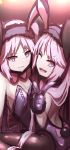  2girls ;d absurdres animal_ears bangs bare_shoulders black_legwear blush breasts bunny_girl bunny_tail bunnysuit cleavage commentary_request euryale eyebrows_visible_through_hair fake_animal_ears fate/grand_order fate/hollow_ataraxia fate_(series) fur-trimmed_gloves fur_trim gloves hairband head_tilt highres index_finger_raised leotard long_hair looking_at_viewer looking_to_the_side multiple_girls one_eye_closed open_mouth pantyhose parted_lips purple_gloves purple_hair purple_hairband purple_legwear rabbit_ears sitting sketch small_breasts smile stheno strapless strapless_leotard tail very_long_hair violet_eyes wada_kazu wariza 