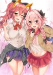  1girl alternate_costume animal_ears astolfo_(fate) black_bow blush bow braid breasts cellphone clothes_around_waist cowboy_shot fang fate/extella fate/extra fate/grand_order fate_(series) fox_ears fox_tail highres jacket_around_waist kawai long_braid long_hair looking_at_viewer medium_breasts multicolored_hair navel one_eye_closed open_mouth phone pink_hair school_uniform serafuku single_braid smartphone smile streaked_hair tail tamamo_(fate)_(all) tamamo_jk_(fate) tamamo_no_mae_(fate) trap twintails violet_eyes w yellow_eyes 