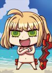  1girl ahoge april_fools beach bikini blonde_hair blue_sky chibi clouds fate/grand_order fate_(series) green_eyes nero_claudius_(fate)_(all) nero_claudius_(swimsuit_caster)_(fate) official_art open_mouth red_bikini riyo_(lyomsnpmp) saber_extra sky solo striped striped_bikini swimsuit sword twintails water weapon white_bikini 