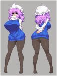  1girl alternate_costume arms_behind_back ass blue_eyes breasts brown_legwear full_body grey_background hat large_breasts letty_whiterock lowres multiple_views no_pants pantyhose pixel_art purple_hair ribbed_sweater scarf simple_background smile solo standing sweater takorin touhou 