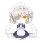  1girl azur_lane blush brown_hair chibi cup eyebrows_visible_through_hair full_body holding holding_plate looking_at_viewer maid maid_headdress oz_snowrose parted_lips plate sheffield_(azur_lane) short_hair solo tea teacup triangle_mouth yellow_eyes 
