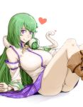  1girl ass bare_shoulders blonde_hair blush boots breasts brown_footwear closed_mouth detached_sleeves green_hair heart highres kochiya_sanae large_breasts long_hair long_sleeves looking_at_viewer materclaws panties reclining simple_background sitting smile snake solo touhou underwear violet_eyes white_background white_panties 