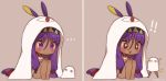  !! +_+ ... absurdly_long_hair blush brown_background chibi closed_mouth commentary dark_skin ears_through_headwear eyebrows_visible_through_hair fate/grand_order fate_(series) fishnet_pantyhose fishnets hairband jackal_ears long_hair low-tied_long_hair medjed mochii nitocris_(swimsuit_assassin)_(fate) one-piece_swimsuit pantyhose purple_hair signature simple_background sitting swimsuit very_long_hair violet_eyes 