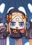  2girls abigail_williams_(fate/grand_order) april_fools bandaid_on_forehead black_bow black_dress black_hat blonde_hair blue_eyes blush blush_stickers bow chibi dress fate/grand_order fate_(series) floating grey_hair hair_bow hat highres holding holding_stuffed_animal horn lavinia_whateley_(fate/grand_order) multiple_girls no_nose official_art open_mouth orange_bow pink_eyes ribbed_dress riyo_(lyomsnpmp) sharp_teeth sleeves_past_fingers sleeves_past_wrists stuffed_animal stuffed_toy sweat teddy_bear teeth tentacle 