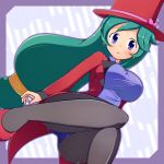  1girl a-ktoo black_legwear blue_eyes blue_leotard breasts earrings formal green_hair hat high_heels jacket jewelry large_breasts leotard long_hair looking_at_viewer magician open_mouth pantyhose pokemon pokemon_(anime) shizue_(pokemon) solo suit tailcoat top_hat 