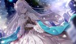  1girl anastasia_(fate/grand_order) blue_eyes cape commentary doll dress fate/grand_order fate_(series) hair_over_one_eye hairband holding holding_doll long_hair looking_at_viewer silver_hair snow snowing solo very_long_hair yano_mitsuki 