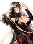  1girl bare_shoulders black_hair breasts cleavage closed_mouth commentary_request fate/apocrypha fate_(series) lips long_hair looking_at_viewer medium_breasts pointy_ears semiramis_(fate) shaoling simple_background solo very_long_hair white_background yellow_eyes 
