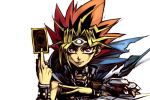  1boy blonde_hair bracer card closed_mouth commentary_request duel_disk facial_mark fingernails forehead_mark hankuri male_focus pink_eyes redhead simple_background smile solo white_background yami_yuugi yu-gi-oh! yuu-gi-ou_duel_monsters 