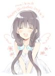  1girl :d ^_^ bangs bare_shoulders blend_s blush brown_hair character_name closed_eyes collarbone commentary_request dated drawn_wings dress eyebrows_visible_through_hair facing_viewer hair_ornament happy_birthday long_hair low_twintails nakayama_miyuki open_mouth sakuranomiya_maika sleeveless sleeveless_dress smile solo twintails upper_teeth v_arms very_long_hair white_background white_dress 