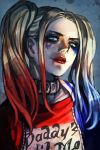  1girl batman_(series) blonde_hair clothes_writing collar facepaint gradient_hair hankuri harley_quinn jacket jewelry light_smile lipstick looking_at_viewer makeup multicolored multicolored_clothes multicolored_hair pale_skin parted_lips red_lipstick shirt smile solo twintails upper_body 