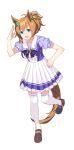 1girl :d animal_ears blue_eyes breasts full_body horse_ears horse_tail large_breasts looking_at_viewer official_art open_mouth pleated_skirt school_uniform serafuku skirt smile solo standing standing_on_one_leg taiki_shuttle tail thigh-highs transparent_background umamusume white_legwear white_skirt zettai_ryouiki 