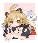  1girl animal_ears blonde_hair blush boots emil_(fafa) eyebrows_visible_through_hair kemono_friends lion_(kemono_friends) lion_ears lion_tail lying moose_(kemono_friends) musical_note object_hug on_stomach pillow pleated_skirt short_hair skirt smile solo tail 