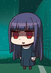  1girl april_fools asagami_fujino bangs blunt_bangs chibi dress fate/grand_order fate_(series) kara_no_kyoukai long_hair long_sleeves no_pupils official_art open_mouth purple_hair rain red_eyes riyo_(lyomsnpmp) shaded_face solo standing 