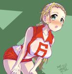  1girl alternate_eye_color artist_name blonde_hair breasts collarbone commentary cowboy_shot dated dripping fujimaru_arikui girls_und_panzer green_background green_eyes hair_pulled_back hairband hands_on_legs large_breasts leaning_forward long_hair looking_at_viewer open_mouth red_shirt red_shorts sasaki_akebi shirt short_shorts shorts signature sleeveless sleeveless_shirt solo sportswear standing sweat sweating volleyball_uniform white_hairband 