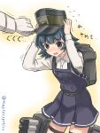 1girl arare_(kantai_collection) backpack bag brown_eyes commentary_request cowboy_shot crying crying_with_eyes_open dress gloves grey_hair hat kantai_collection long_sleeves open_mouth out_of_frame pinafore_dress remodel_(kantai_collection) satsuki_harunobu short_hair solo_focus tears torpedo_tubes trembling twitter_username white_gloves 