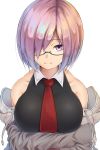 1girl bare_shoulders black_dress breasts closed_mouth commentary_request crossed_arms dress eyebrows_visible_through_hair fate/grand_order fate_(series) glasses hair_over_one_eye highres jacket large_breasts looking_at_viewer mash_kyrielight necktie purple_hair short_hair shunga_(shun608) simple_background sketch smile solo upper_body violet_eyes white_background 