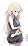  1girl 3girls alternate_costume arm_across_waist baggy_shorts bangs bare_arms bare_shoulders black_shirt blonde_hair blue_eyes blue_neckwear blush braid breasts collar commentary_request cowboy_shot embarrassed eyebrows_visible_through_hair flying_sweatdrops g36_(girls_frontline) g36c_(girls_frontline) girls_frontline long_hair looking_down medium_breasts messy_hair midriff multiple_girls navel necktie shirt short_shorts shorts shuzi simple_background sleeveless sleeveless_shirt solo stomach thighs very_long_hair white_background xm8_(girls_frontline) 