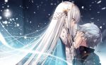  1boy 1girl anastasia_(fate/grand_order) anastasia_(idolmaster) blue_eyes cape doll earrings fate/grand_order fate_(series) grey_hair hand_on_another&#039;s_face headband jewelry kadoc_zemlupus long_hair necomi signature snow very_long_hair white_hair wind yellow_eyes 