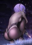  1girl ass backless_outfit bare_back bare_shoulders black_hairband black_legwear black_leotard blurry blurry_foreground breasts clouds dark_skin depth_of_field fate_(series) from_behind full_body glint grass hairband hassan_of_serenity_(fate) highres holding holding_weapon knees_up kunai leotard light_particles looking_at_viewer looking_back night night_sky pantyhose profile purple_hair shiny shiny_hair sideboob skin_tight sky smile solo squatting stirrup_legwear tawagoto_dukai_no_deshi violet_eyes weapon 