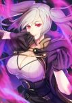  1girl arm_up aura bangs belt black_coat black_gloves blurry breasts buttons cleavage coat corset dark_aura dark_background female_my_unit_(fire_emblem:_kakusei) fire_emblem fire_emblem:_kakusei fire_emblem_heroes gimurei gloves hand_up kokouno_oyazi large_breasts long_hair long_sleeves looking_at_viewer my_unit_(fire_emblem:_kakusei) open_clothes open_coat parted_lips red_eyes shiny shiny_hair shirt silver_hair smile solo swept_bangs tsurime twintails upper_body white_shirt wide_sleeves 