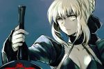  1girl artoria_pendragon_(all) black_bra blonde_hair blue_background bra braid closed_mouth collar dark_excalibur fate/stay_night fate_(series) hair_bun halterneck hankuri holding holding_sword holding_weapon juliet_sleeves long_sleeves looking_at_viewer puffy_sleeves saber_alter short_hair simple_background solo sword underwear upper_body weapon yellow_eyes 