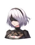  1girl android black_dress black_hairband blacktheif blindfold breasts cleavage cleavage_cutout dress hairband highres lips medium_breasts mole mole_under_mouth nier_(series) nier_automata patterned_clothing portrait short_hair silver_hair simple_background white_background yorha_no._2_type_b 