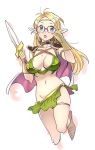  1girl blonde_hair blue_eyes blush breasts cape commentary_request copyright_request glasses long_hair nishieda open_mouth pointy_ears shoulder_pads sword weapon 