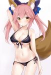  1girl animal_ears arm_behind_head bikini black_bikini blue_ribbon blush bow breasts closed_mouth fate/grand_order fate_(series) fox_ears fox_tail gradient gradient_background hair_bow hair_ribbon long_hair looking_at_viewer medium_breasts navel nikoo pink_background pink_hair purple_bow ribbon side-tie_bikini smile solo standing swimsuit tail tamamo_(fate)_(all) tamamo_no_mae_(fate) twintails white_background yellow_eyes 