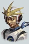 1boy blue_scarf brown_eyes copyright_request grey_background hankuri helmet jacket looking_at_viewer male_focus parted_lips realistic sanpaku scarf simple_background solo upper_body 