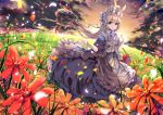  1girl \||/ animal_ears apron basket blonde_hair bonnet bow commentary_request dress dusk field flower flower_field frilled_apron frilled_dress frills lolita_fashion long_hair meadow orange_flower original petals purple_bow rabbit_ears red_flower solo umino_mizu very_long_hair violet_eyes 