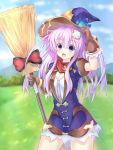  blue_skirt blue_sky broom four_goddesses_online:_cyber_dimension_neptune gloves grasslands hat highres kazuneko_(wktk1024) leather leather_gloves mountain nepgear neptune_(series) open_mouth pink_hair skirt sky tree violet_eyes wizard_hat 