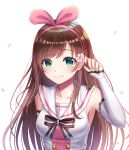 1girl a.i._channel bare_shoulders blush breasts brown_hair closed_mouth collarbone commentary_request detached_sleeves fingernails flower hair_flower hair_ornament hair_ribbon hairband kizuna_ai long_hair long_sleeves medium_breasts multicolored_hair petals pink_flower pink_hair pink_hairband pink_ribbon ribbon sailor_collar seungju_lee shirt simple_background sleeveless sleeveless_shirt sleeves_past_wrists smile solo streaked_hair very_long_hair virtual_youtuber white_background white_sailor_collar white_shirt 