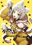  1girl animal_ears bangs blunt_bangs blush bodysuit cat_ears gloves highres hood looking_at_viewer niyah paw_pose shimo_(s_kaminaka) short_hair silver_hair simple_background smile solo white_gloves xenoblade_(series) xenoblade_2 yellow_bodysuit yellow_eyes 