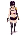  1girl black_hair bra breasts closed_mouth commentary english_commentary fingerless_gloves full_body gloves grey_gloves large_breasts materclaws miniskirt navel original short_hair simple_background skirt solo thigh-highs underwear white_background yellow_eyes 