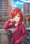  1girl artist_name bolo_tie bridge building collared_shirt commentary_request dated hand_in_pocket hand_on_own_cheek head_rest heart highres light_blush long_sleeves looking_at_viewer love_live! love_live!_school_idol_project medium_hair nishikino_maki pink_cardigan railing redhead shamakho shirt skyscraper smile solo striped striped_legwear upper_body violet_eyes 