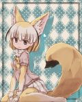  1girl :3 afterimage animal_ears arched_back argyle argyle_background bangs barefoot bent_knees between_legs black_hair blonde_hair blouse blunt_bangs blunt_ends bob_cut breasts commentary_request extra_ears eyebrows_visible_through_hair fennec_(kemono_friends) fox_ears fox_tail frame from_side fur fur_collar green_background grey_eyes hand_between_legs heart highres kemono_friends kolshica looking_at_viewer medium_breasts multicolored_hair neck_ribbon pink_blouse plaid plaid_skirt polka_dot polka_dot_background ribbon short_hair short_sleeves sitting skirt solo streaked_hair tail wariza white_hair white_skirt yellow_neckwear 