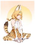  1girl animal_ears bare_shoulders bow bowtie breasts closed_mouth commentary_request elbow_gloves gloves high-waist_skirt indian_style kemono_friends materclaws medium_breasts orange_eyes orange_hair orange_legwear orange_neckwear orange_skirt serval_(kemono_friends) serval_ears serval_print serval_tail shirt sitting skirt sleeveless sleeveless_shirt smile solo tail thigh-highs white_shirt 