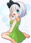  1girl :o alternate_costume arched_back bangs bare_arms bare_shoulders barefoot bent_knees between_legs black_ribbon blue_eyes bob_cut breasts bubble_background camisole commentary_request eyebrows_visible_through_hair eyes_visible_through_hair foot_out_of_frame grey_background grey_hair hair_ribbon hand_between_legs hand_to_own_mouth highres hitodama inon konpaku_youmu konpaku_youmu_(ghost) light_blush medium_breasts ribbon short_hair sitting solo tears tongue touhou upper_teeth wariza yawning 