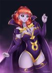  1girl brainwashing cape celica_(fire_emblem) corruption dark_persona earrings fingerless_gloves fire_emblem fire_emblem_echoes:_mou_hitori_no_eiyuuou fire_emblem_heroes gloves haryudanto hypnosis jewelry leotard long_hair looking_at_viewer mind_control purple_skin red_eyes redhead simple_background smile solo tiara 