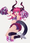 1girl :d arm_up arms_up asymmetrical_horns black_legwear blue_eyes blush breasts cheerleader crop_top curled_horns dragon_girl dragon_horns dragon_tail elizabeth_bathory_(fate) fang fate/extra fate_(series) full_body grey_background hajime_(hajime-ill-1st) highres horns jumping kneehighs long_hair looking_at_viewer midriff miniskirt open_mouth panties pantyshot pink_hair pleated_skirt pom_poms shoes simple_background skirt sleeveless slit_pupils small_breasts smile sneakers solo tail two_side_up underwear 