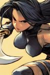  1girl bare_shoulders black_eyes blue_hair bodysuit breasts closed_mouth copyright_request hankuri holding holding_sword holding_weapon knee_up large_breasts long_hair psylocke scimitar simple_background solo sword weapon yellow_background 