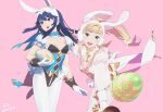  2girls animal_ears blonde_hair blue_eyes blue_hair blush braid breasts bunny_girl bunny_tail bunnysuit cape detached_collar earmuffs fake_animal_ears fire_emblem fire_emblem:_kakusei fire_emblem_heroes gloves green_eyes long_hair looking_at_viewer lucina multiple_girls open_mouth rabbit_ears sharena simple_background smile tail tiara 