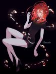 1other androgynous black_background character_name colored_eyelashes crying crying_with_eyes_open floating gem_uniform_(houseki_no_kuni) highres houseki_no_kuni kate_iwana mercury necktie red_eyes redhead shinsha_(houseki_no_kuni) short_hair simple_background solo tears