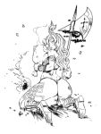  amazon_(dragon&#039;s_crown) armor ass axe bikini_armor boned_meat breasts campfire ctrlgon dragon&#039;s_crown eating feathers fire food headband holding holding_food large_breasts long_hair looking_at_viewer meat thick_thighs thighs toned 