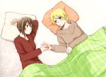  2girls bangs blanket blonde_hair blue_eyes braid brown_eyes brown_hair brown_sweater casual closed_mouth darjeeling eyebrows_visible_through_hair fringe from_above girls_und_panzer hand_holding jewelry light_smile long_sleeves looking_at_another lying multiple_girls necklace nishizumi_maho on_back pillow red_shirt shared_blanket shirt short_hair tied_hair twin_braids yuri yuuhi_(arcadia) 