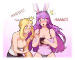  /\/\/\ 2girls :o animal_ears black_bra black_panties black_skirt blonde_hair blush bra breasts cellphone cleavage commentary corset green_eyes holding holding_cellphone holding_phone lamia large_breasts long_hair looking_down materclaws monster_girl multiple_girls off_shoulder original panties phone pink_background purple_hair rabbit_ears skirt smartphone standing tail underwear violet_eyes wide-eyed 