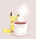  blush_stickers climbing closed_eyes coffee creature gen_1_pokemon grey_background lai_(pixiv1814979) no_humans pikachu pokemon pokemon_(creature) simple_background solo 